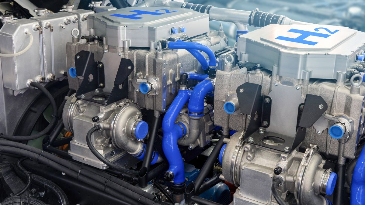 Detailný pohľad na vodíkový motor s modrými hadicami a kovovými komponentmi.