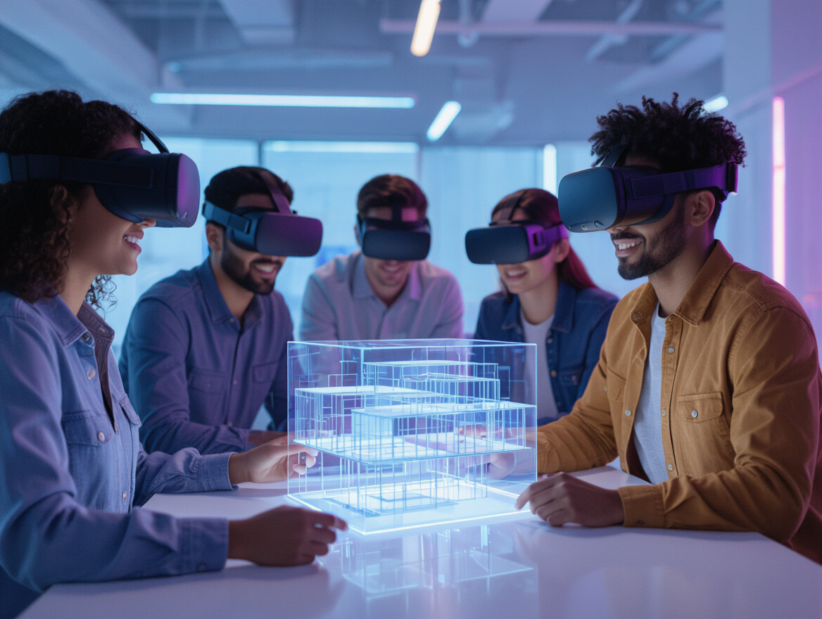 Skupina ľudí s VR okuliarmi interaguje s holografickým modelom budovy.