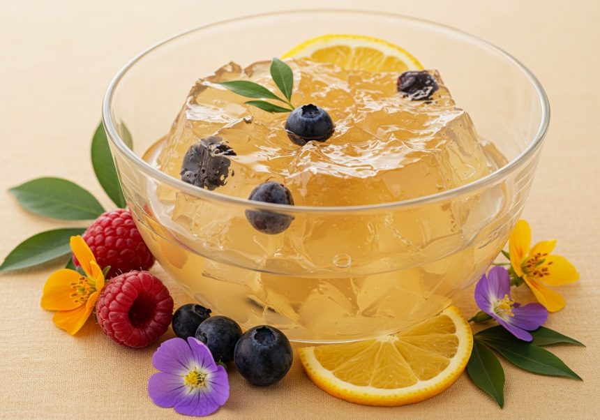 Miska želatíny s bobuľami a citrusmi, symbolizujúca zdravie a krásu.