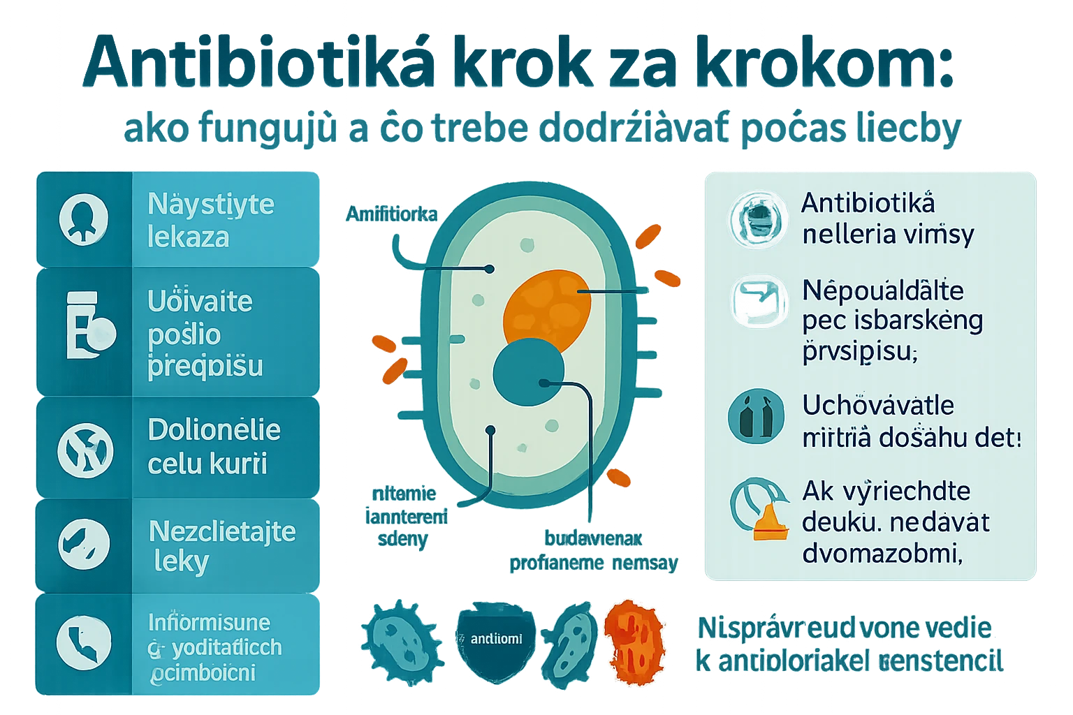 Infografika znázorňujúca fungovanie antibiotík a dôležité pokyny na ich užívanie.