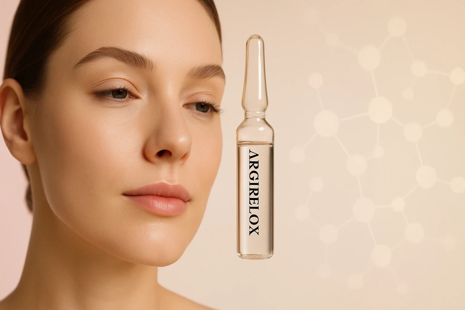 Žena s hladkou pleťou a ampulkou Argirelox v popredí.