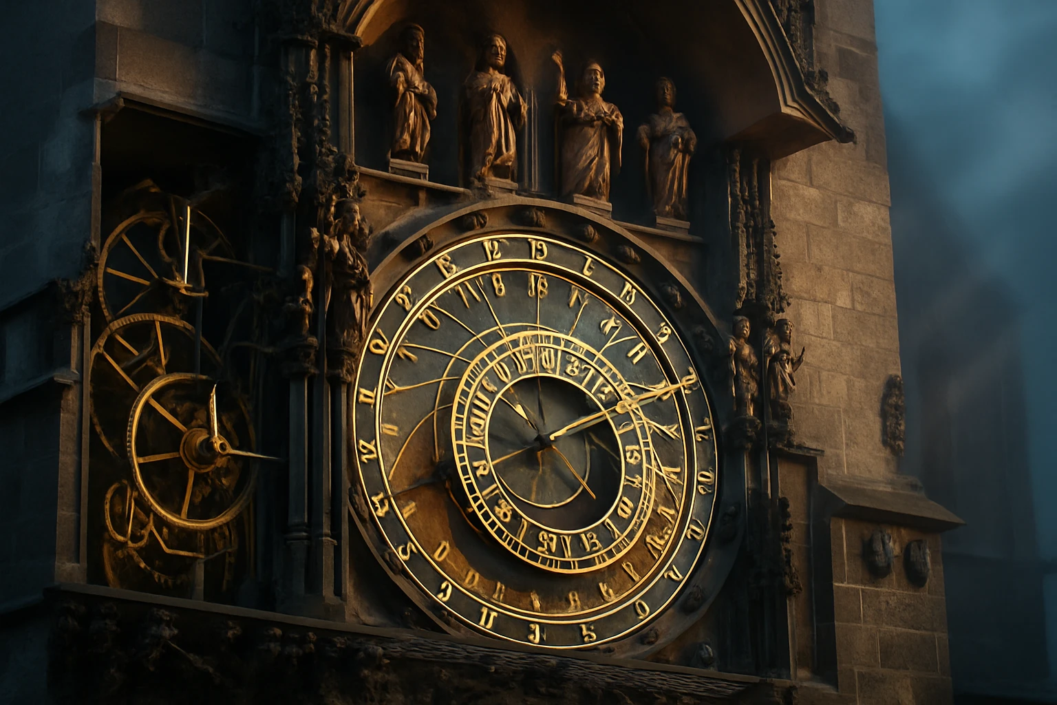 Detailný pohľad na astronomické hodiny s pozlátenými prvkami a sochami.