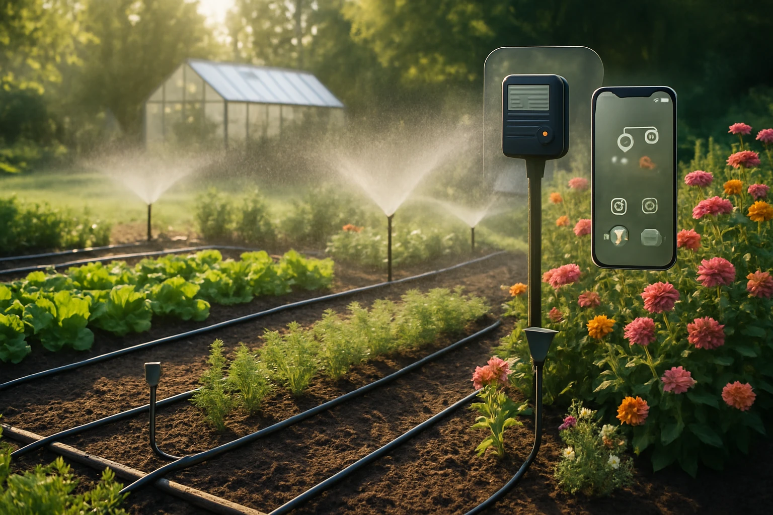 Záhrada s automatickým zavlažovaním, zelenina a kvety v pozadí.