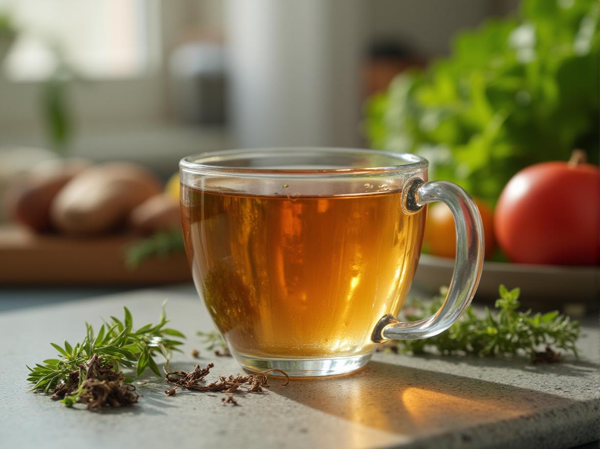 Sklenený pohár s bylinkovým čajom na kuchynskej doske s čerstvými bylinkami.