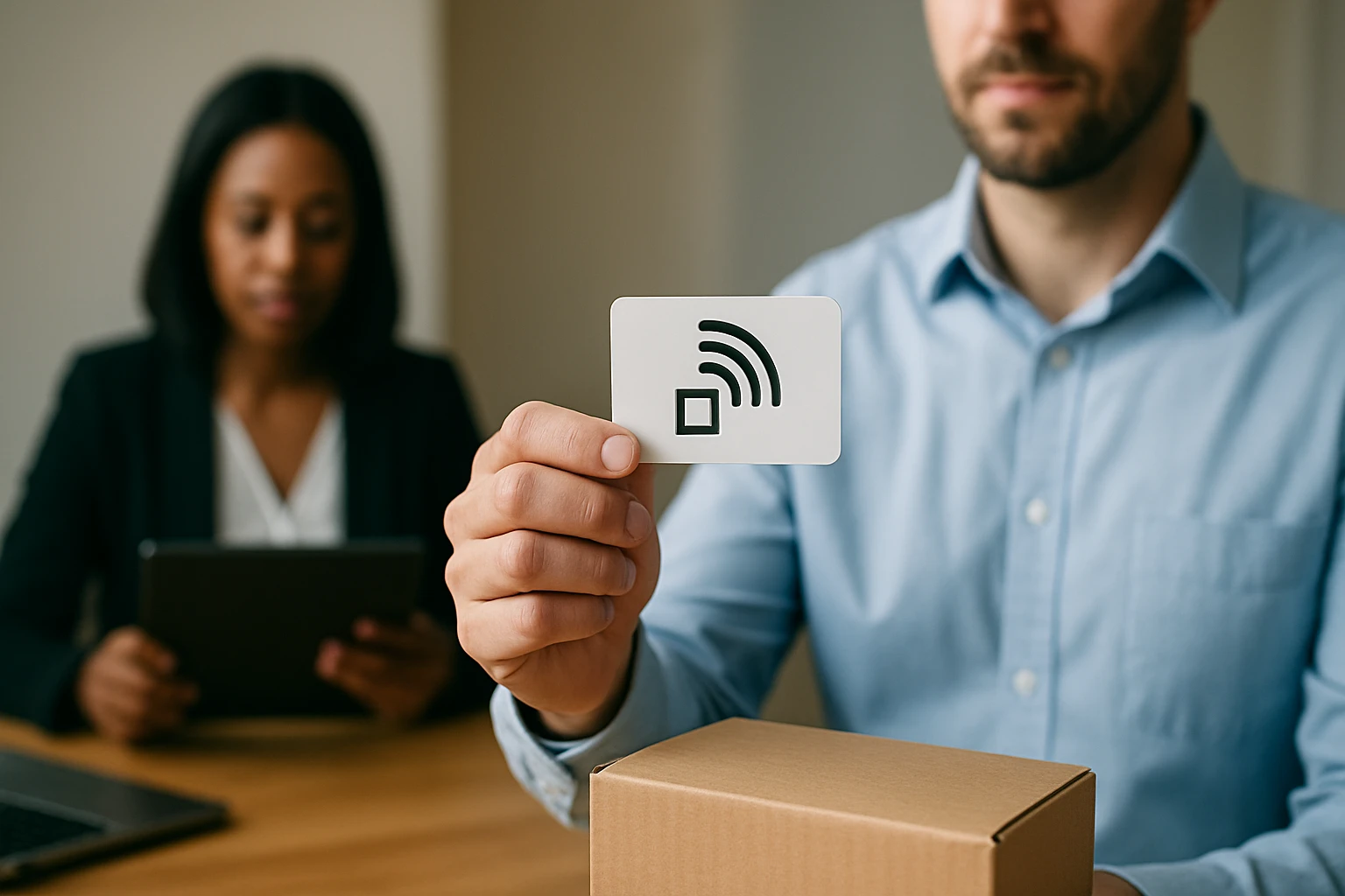 Muž drží kartu s bezdrôtovým symbolom, zatiaľ čo žena sedí za tabletom.