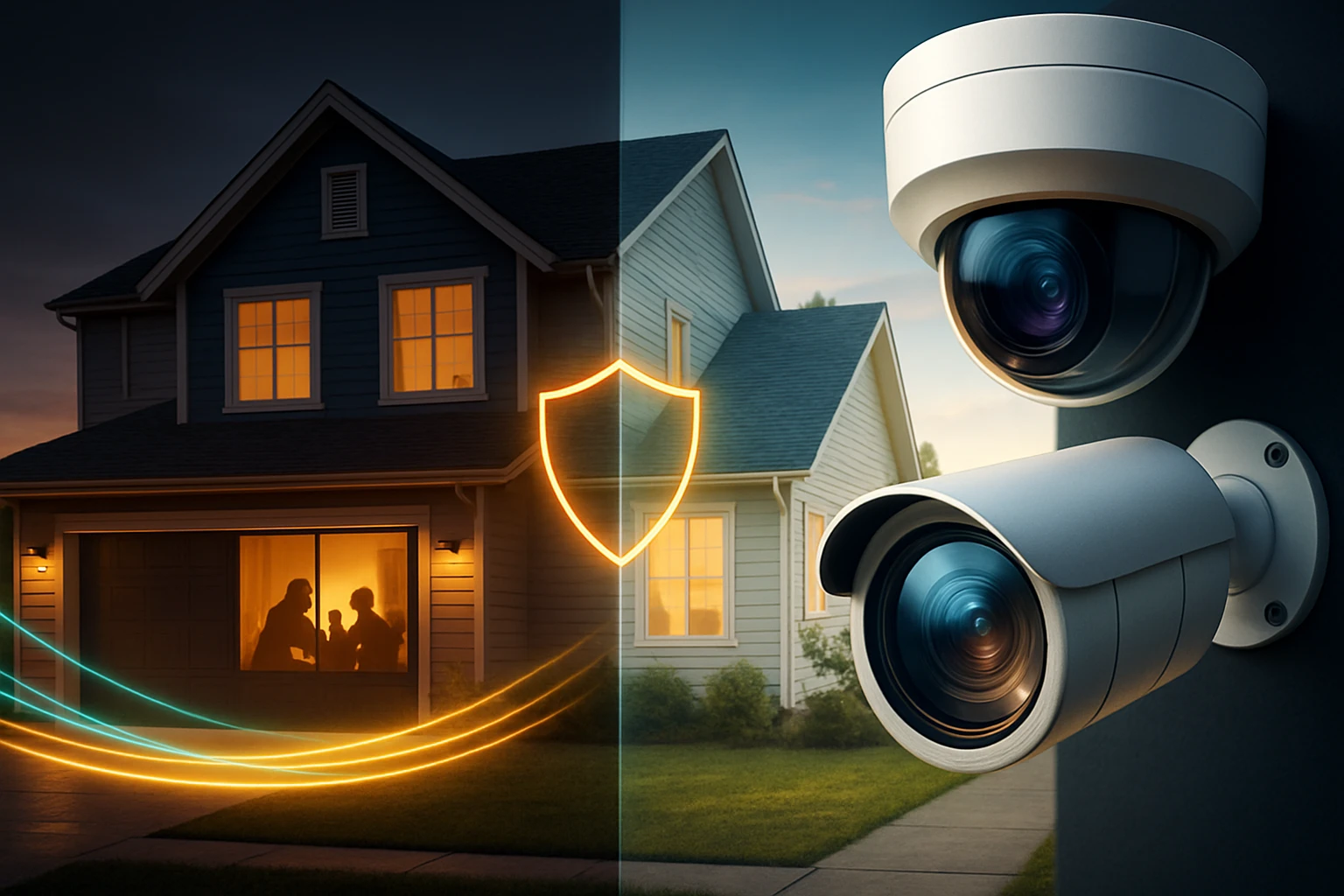Dva bezpečnostné kamery sú umiestnené vedľa domu s osvetlenými oknami.