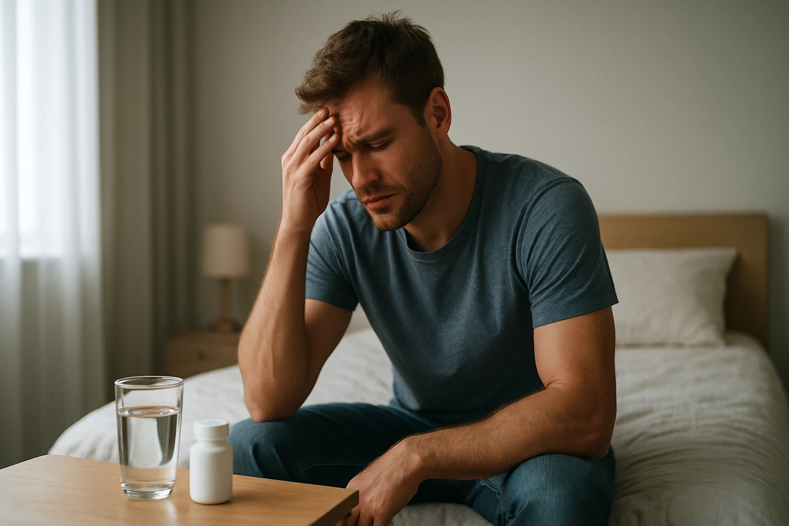 Muž sediaci na posteli s bolesťou hlavy, drží si čelo a pozerá na lieky.