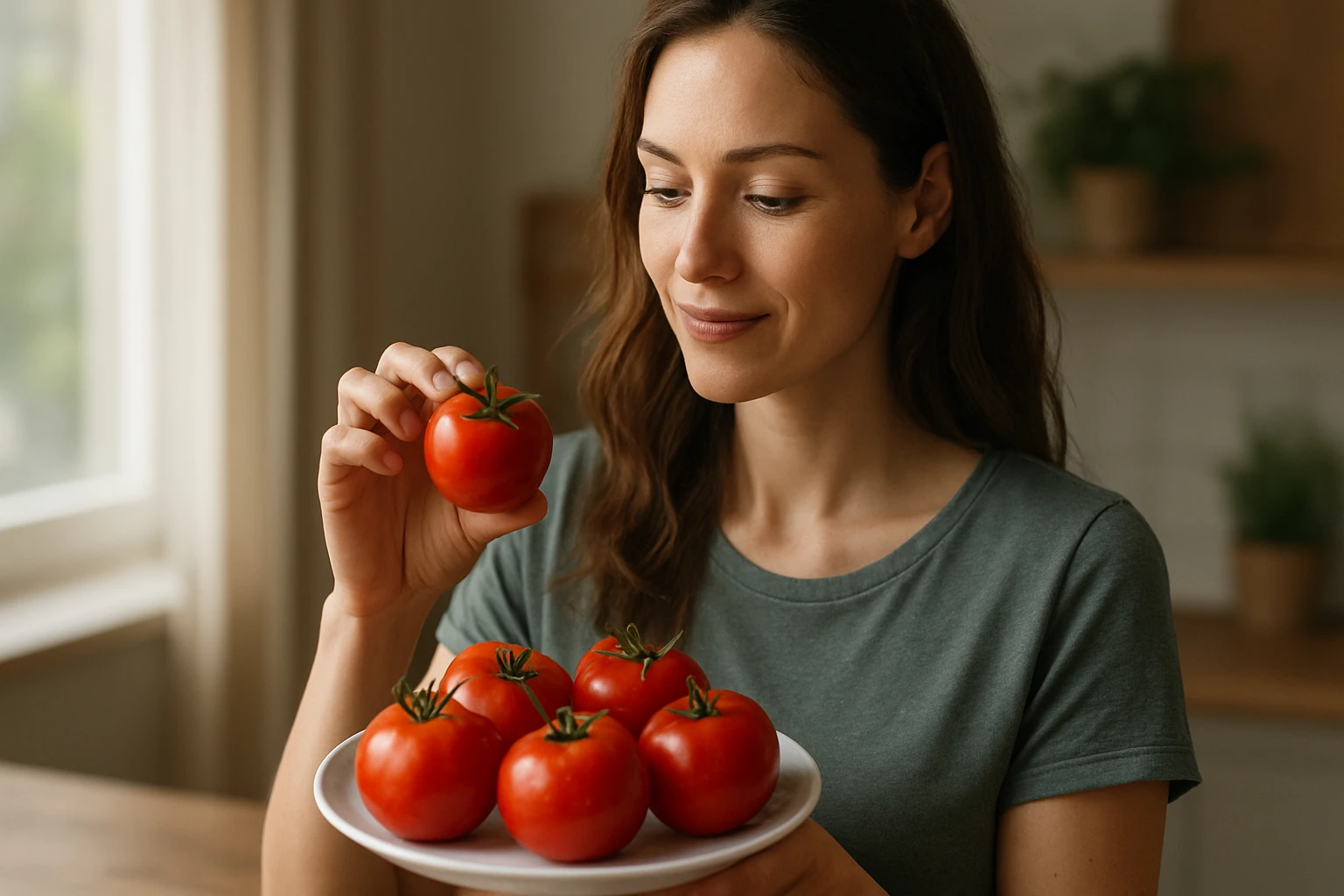 Žena s dlhými hnedými vlasmi drží červenú paradajku nad tanierom s ďalšími paradajkami.