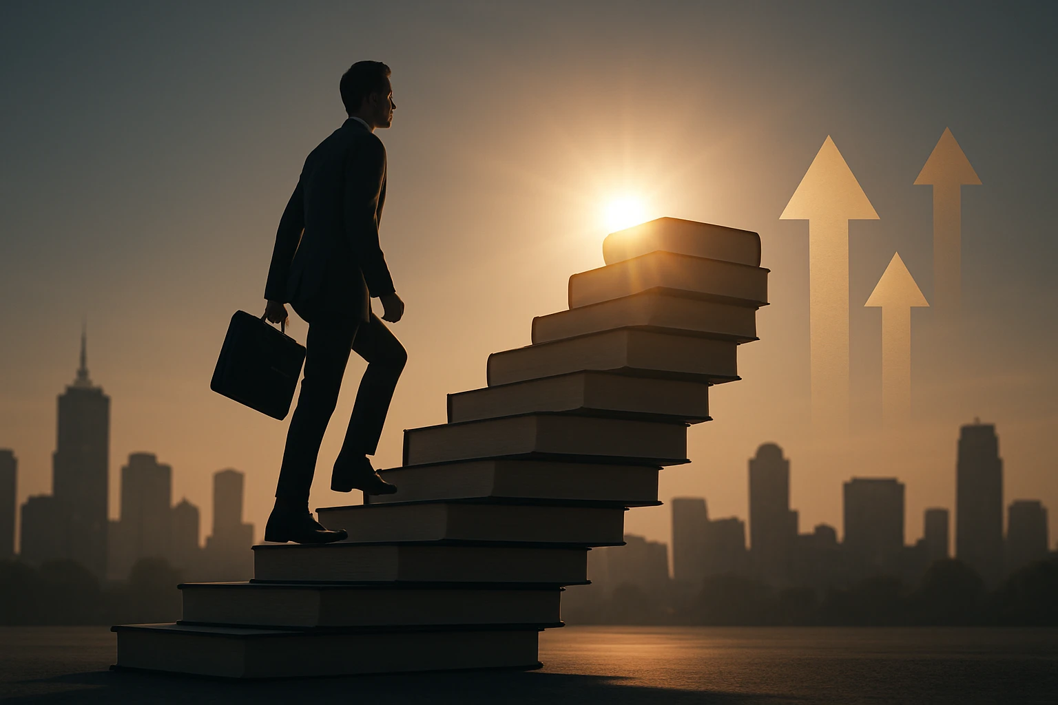 Muž v obleku kráča po schodoch z kníh smerom k slnku.