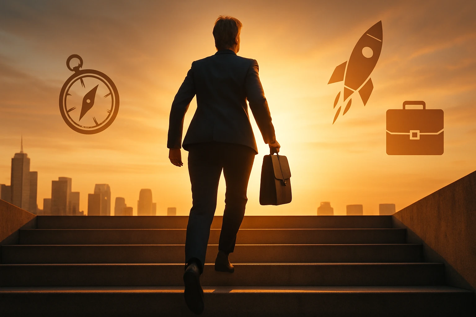 Osoba v obleku kráča po schodoch smerom k slnku s aktovkou v ruke.