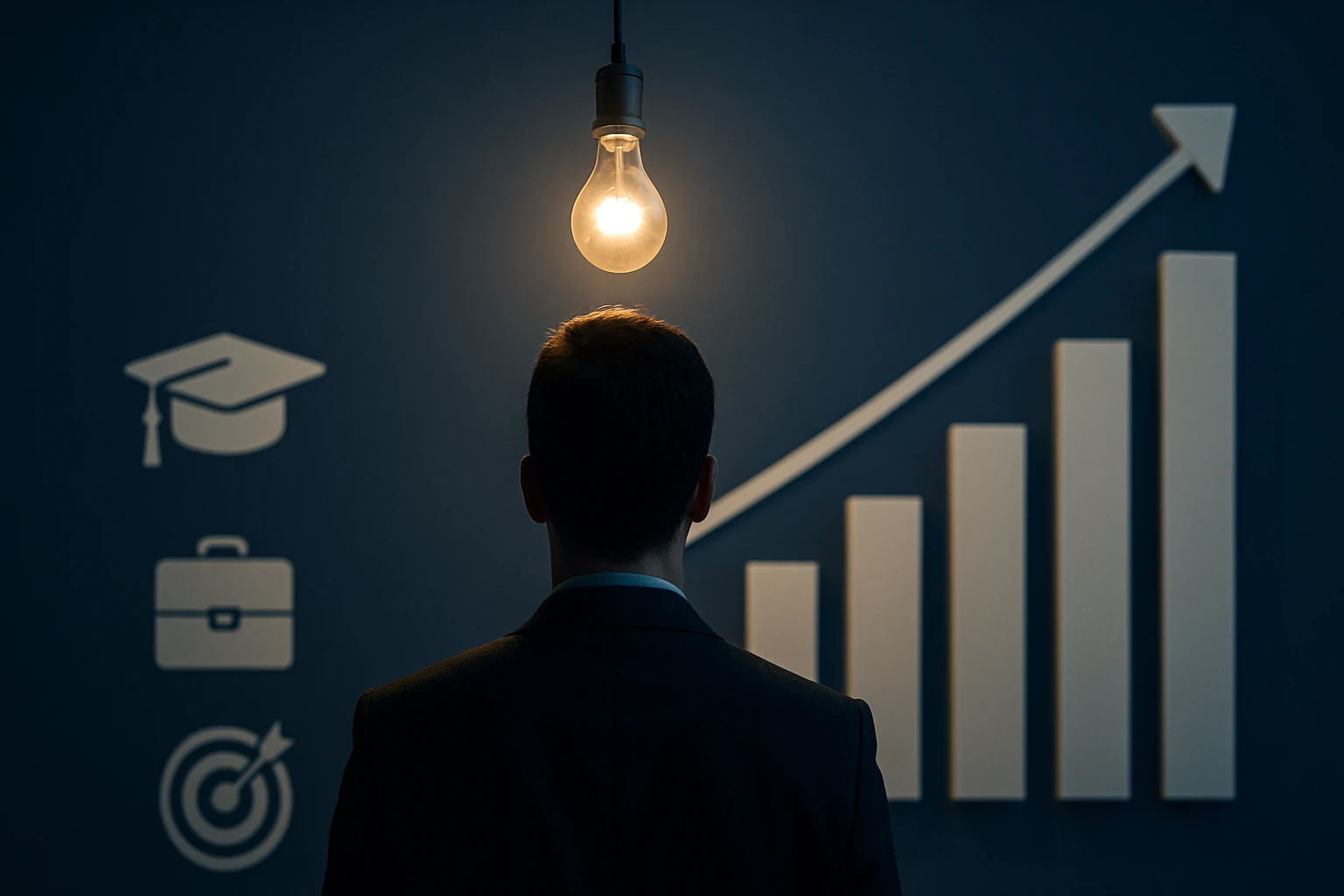 Muž v obleku stojí pred grafom rastu s ikonami vzdelania a kariéry.