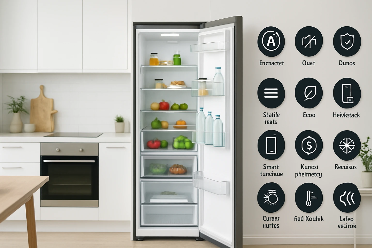 Moderná chladnička s rôznymi potravinami a nápojmi vo vnútri.