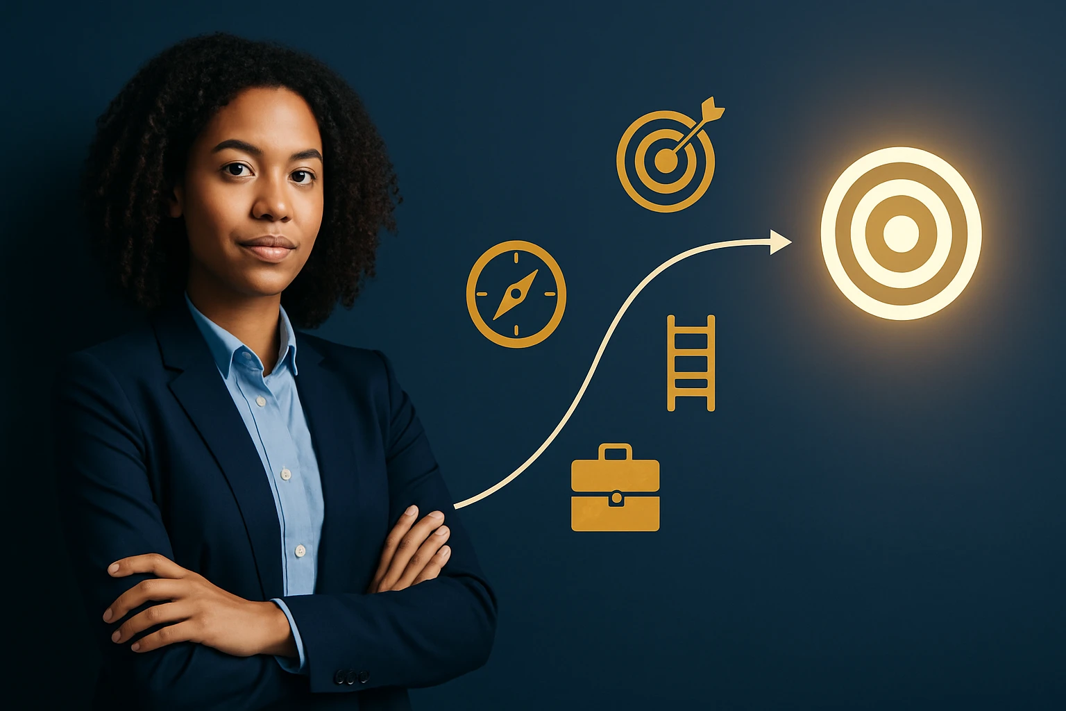 Mladá žena v obleku s krížom na hrudi, pozadie s ikonami cieľa a kariéry.