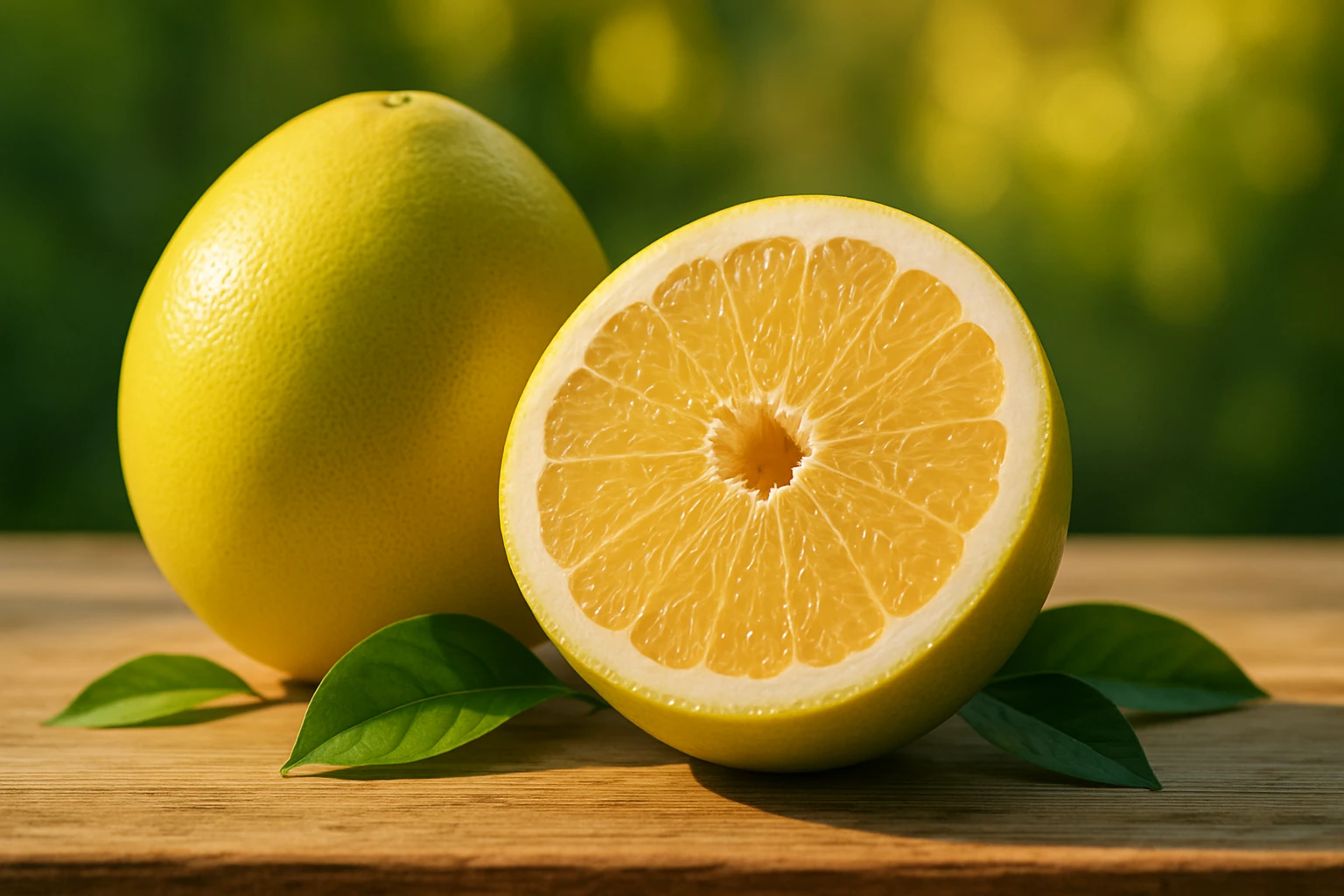 Žltý citrusový plod a jeho prekrojená polovica na drevenej doske.