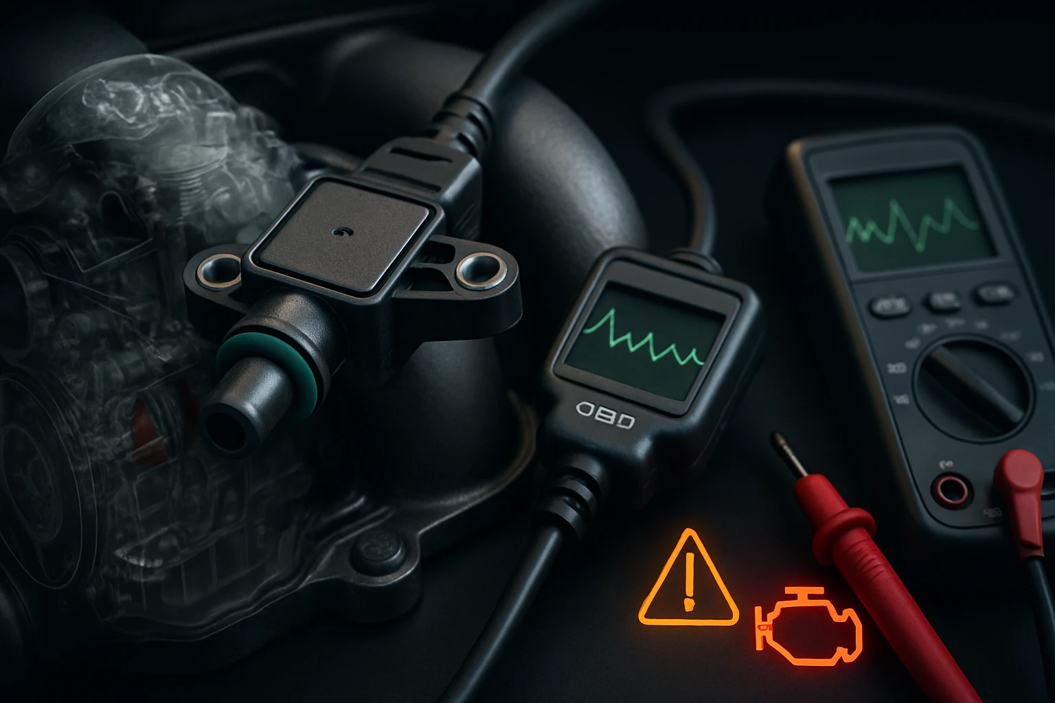 Detail z motorového systému s diagnostickými prístrojmi a varovnými ikonami.