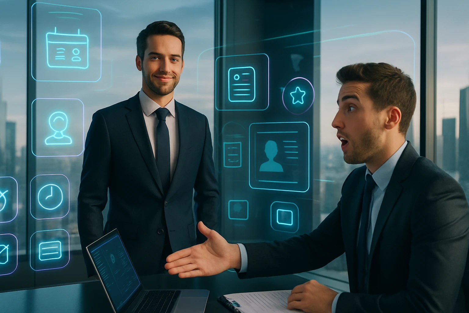 Dva muži v oblekoch diskutujú pri stole s laptopom a digitálnymi ikonami na pozadí.