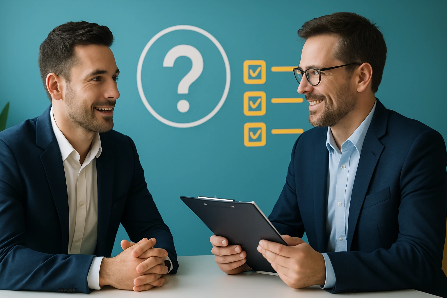 Dva muži v oblekoch diskutujú pri stole, jeden má v ruke zoznam.