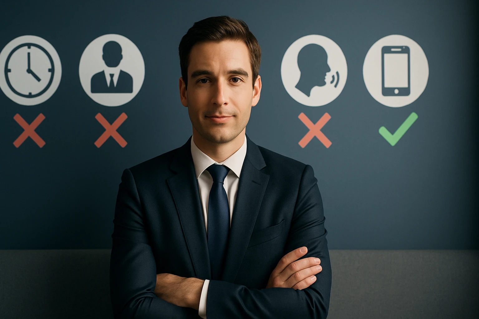 Muž v obleku s prekríženými rukami pred grafickými symbolmi.