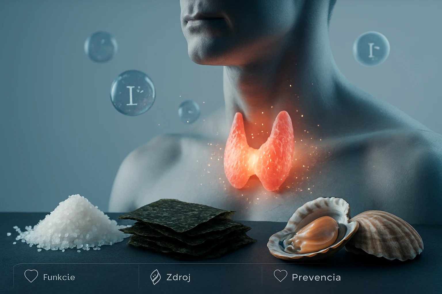 Ilustrácia štítnej žľazy s potravinami bohatými na jód, ako soľ a riasy.