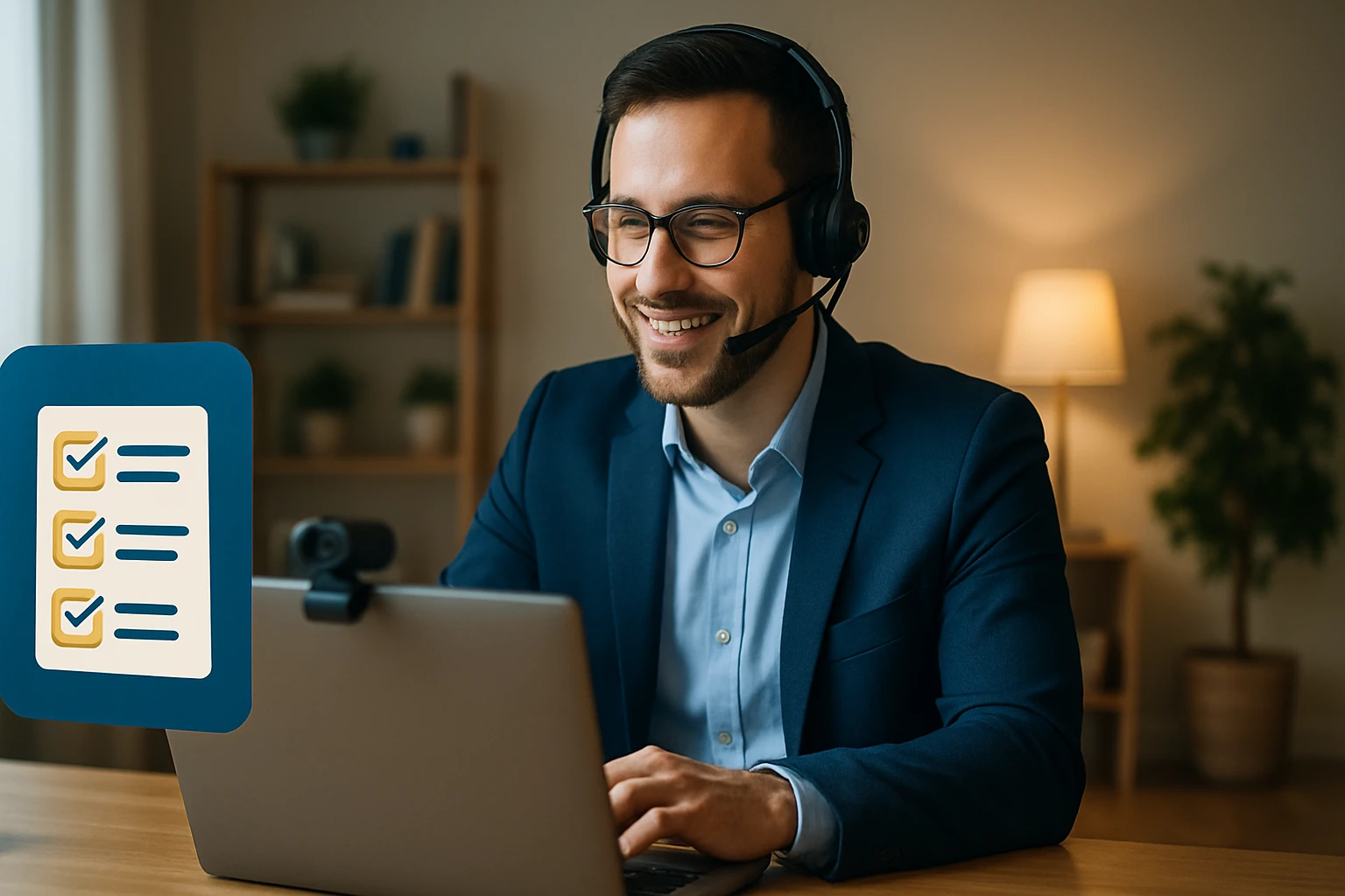 Muž v obleku s headsetom pracuje na laptopu a usmieva sa.