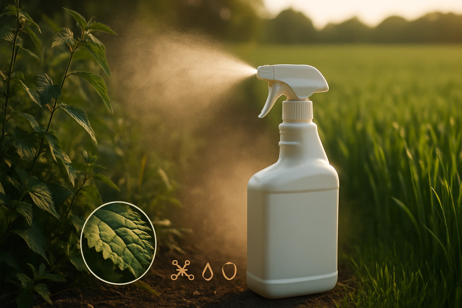 Biely rozprašovač na rastliny s jemným sprejom na listoch v prírode.