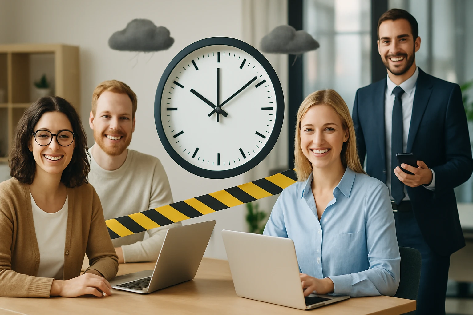 Štyria profesionáli sa usmievajú pri stole s notebookmi a hodinami v pozadí.