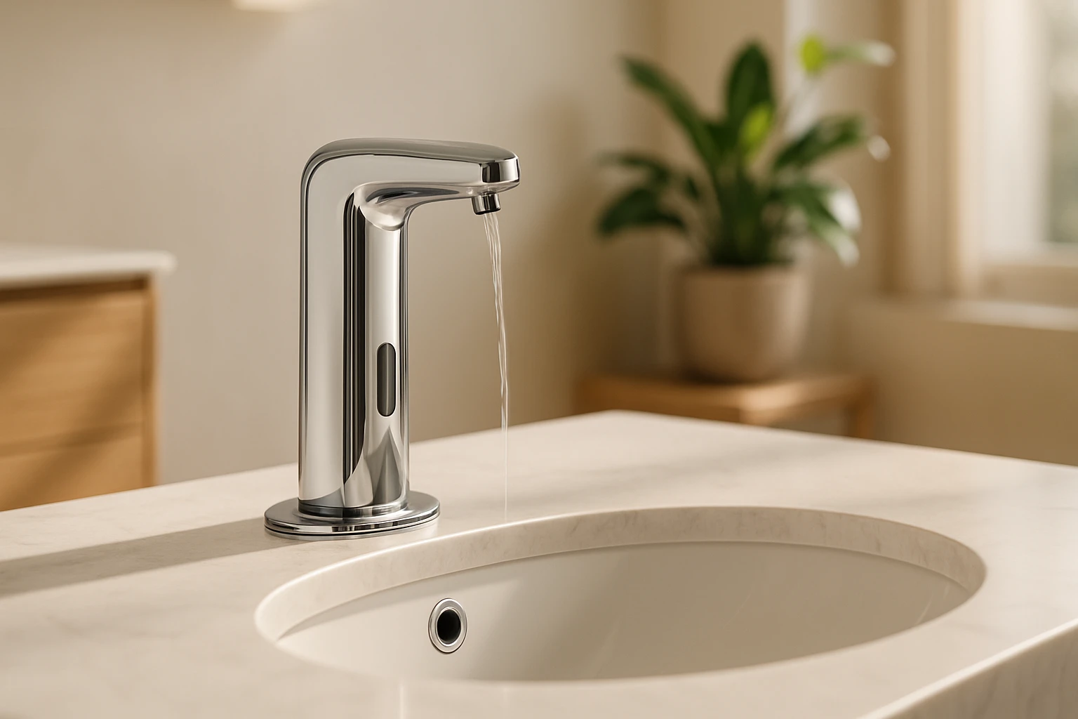 Moderný chrómový kohútik s tečúcou vodou na mramorovom umývadle.