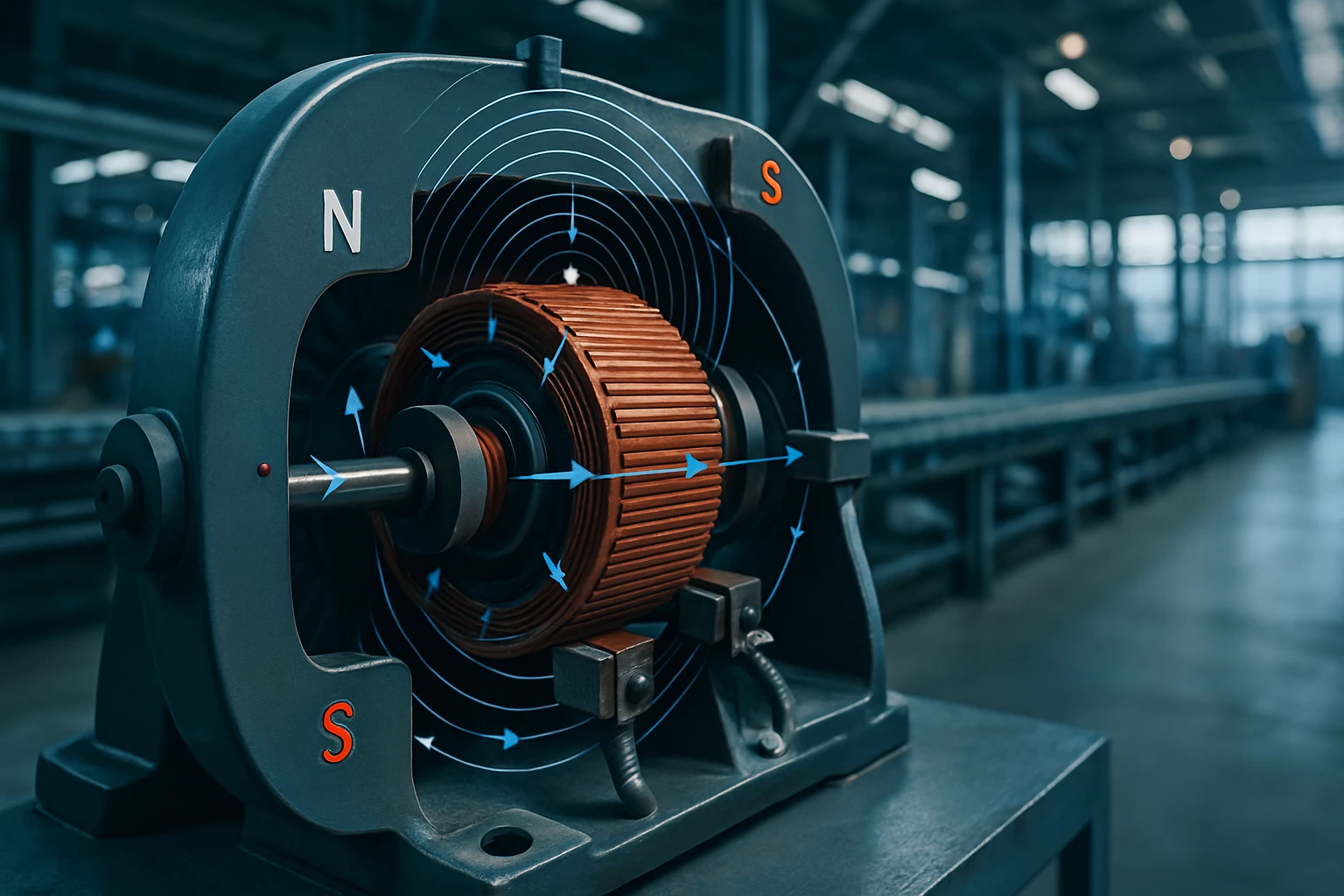 Detailný pohľad na elektromotor s označením pólov a magnetickými čiarami.