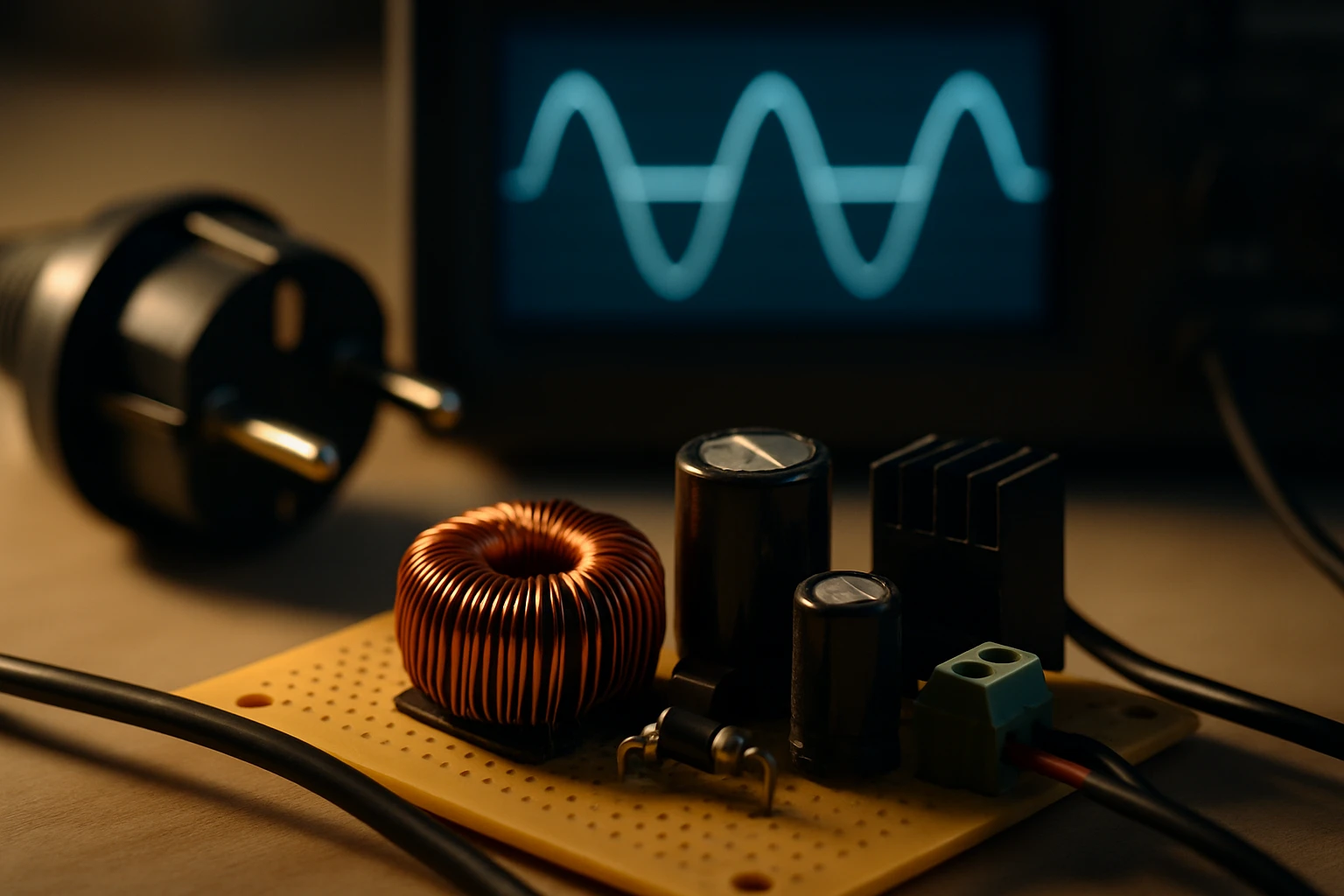 Detailný pohľad na elektronické komponenty na doske s osciloskopom v pozadí.