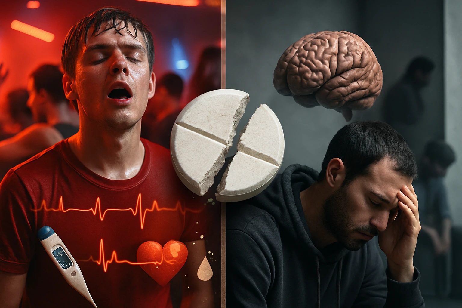 Mladý muž v červenom tričku s potením na čele, vyjadruje intenzívne emócie na tanečnej párty.