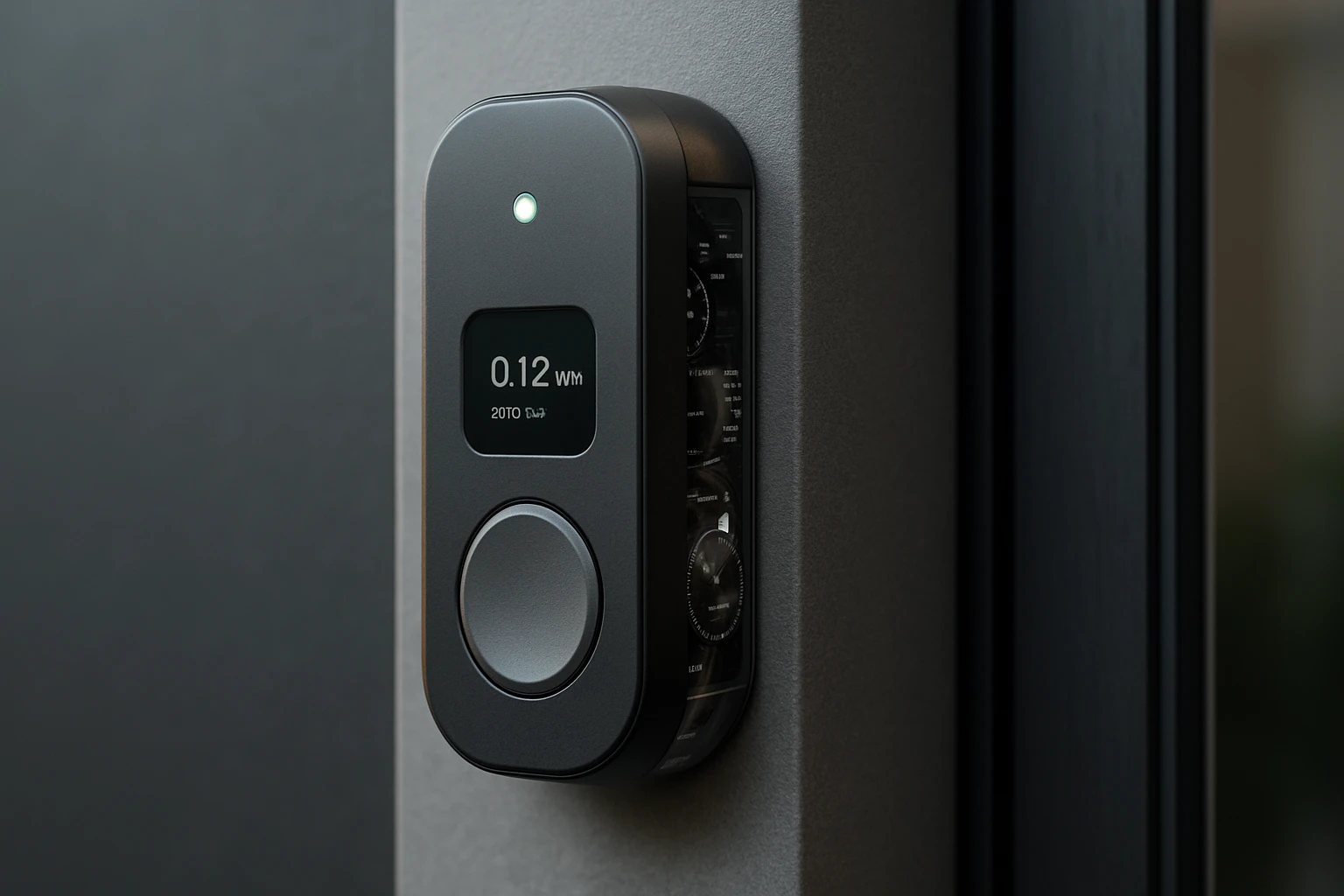 Moderný energetický monitor s digitálnym displejom na stene.