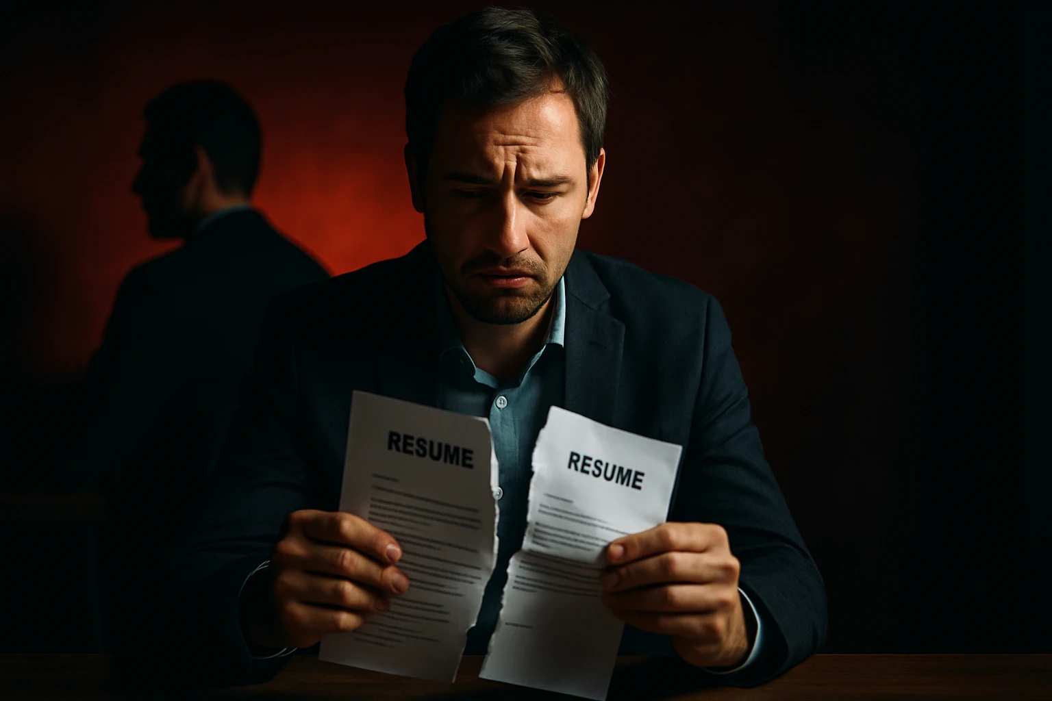 Muž smutne trhá svoj životopis na dve časti, vyjadrujúc frustráciu.