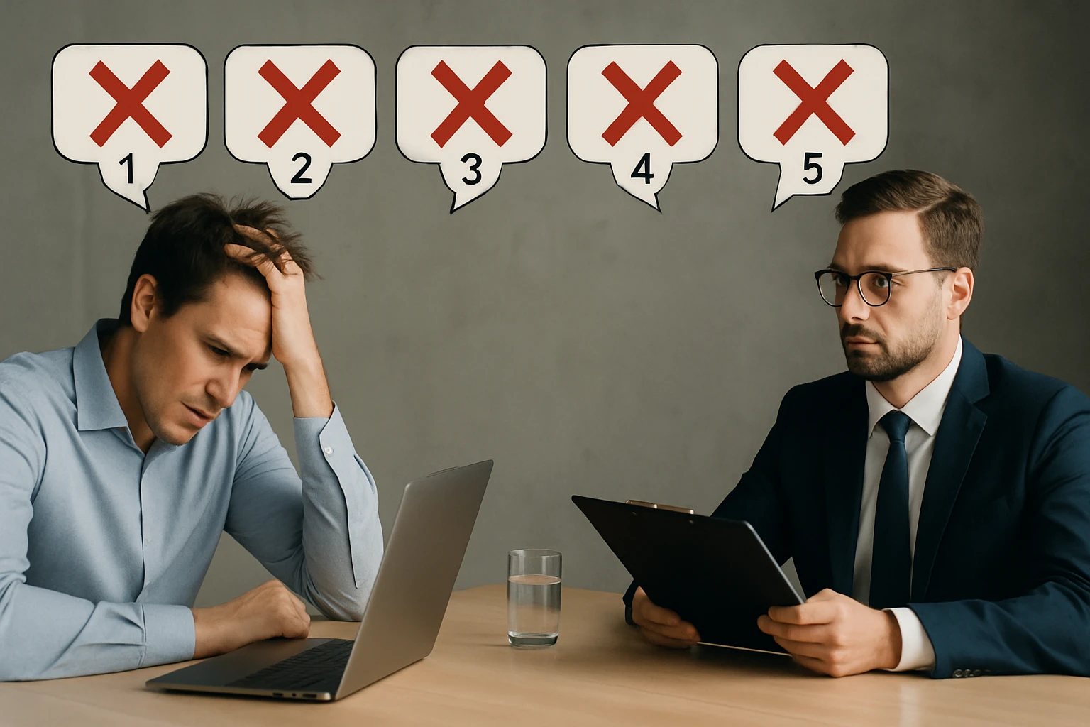 Muž s frustráciou sedí pri stole pred laptopom, zatiaľ čo druhý muž v obleku ho pozoruje.