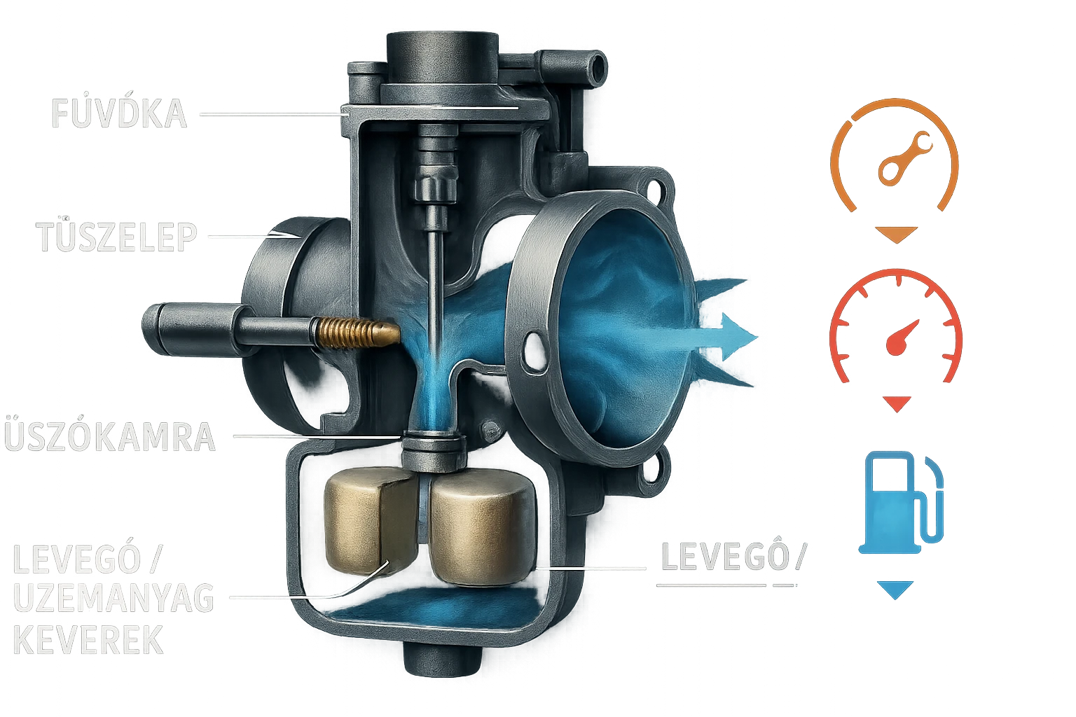 Detailný pohľad na karburátor s označenými časťami ako ústie, plaváková komora a zmes vzduchu a paliva.