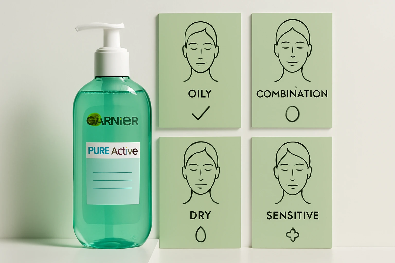 Fľaša čistiaceho prostriedku Garnier Pure Active a štyri typy pleti.