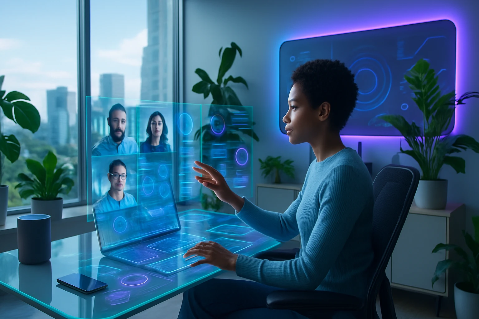 Žena v modrom svetri interaguje s holografickým rozhraním na stole.