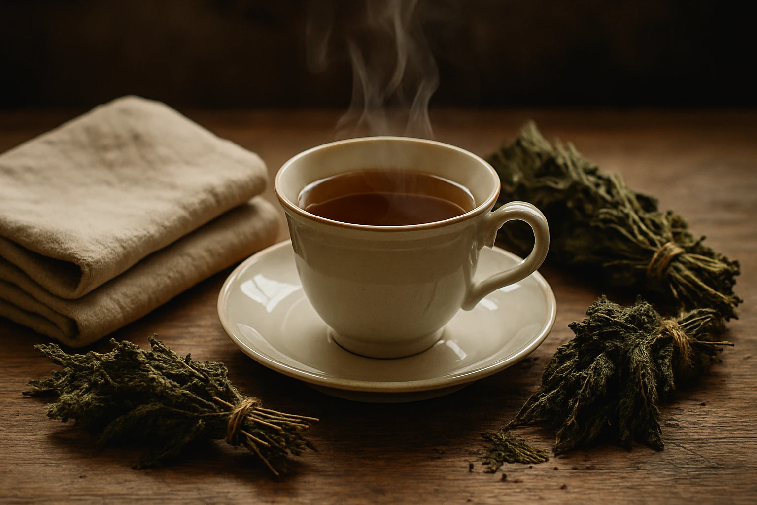 Hrnček s horúcim čajom na drevenom stole, obklopený sušenými bylinkami a utierkami.