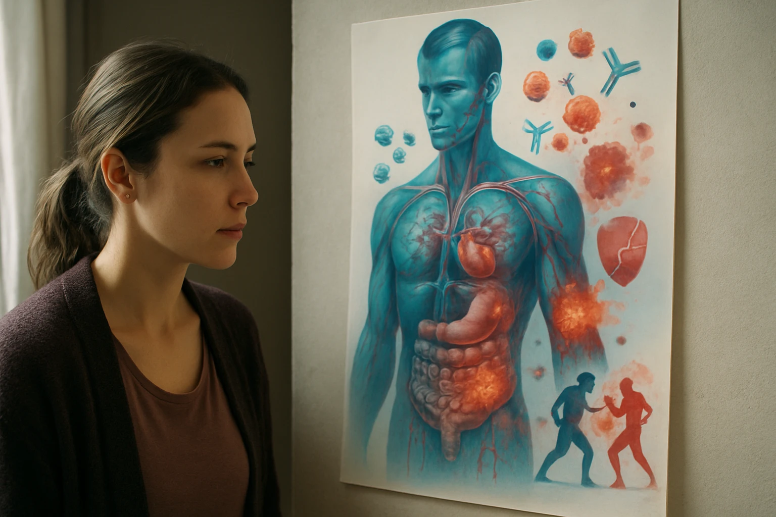 Žena sa zamyslene pozerá na ilustráciu ľudskej anatómie a imunitného systému.