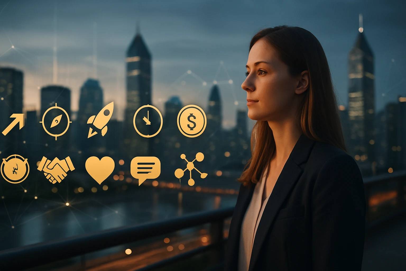 Žena v obleku stojí na pozadí mestských mrakodrapov, zamyslená nad symbolmi rastu a inovácií.