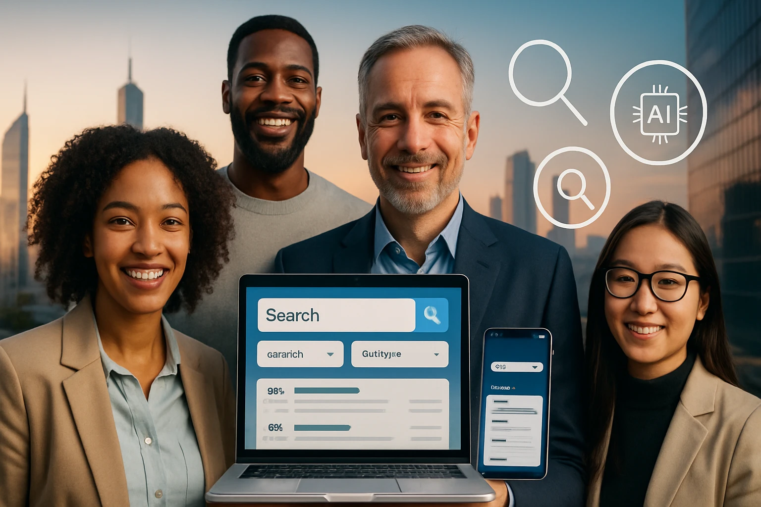 Skupina štyroch profesionálov s laptopom a mobilom, zobrazuje vyhľadávací nástroj.