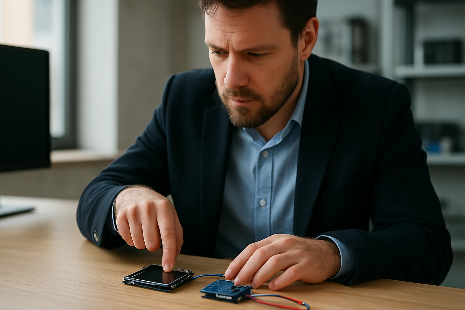 Muž pracuje na mobilnom zariadení a pripojenom hardvéri na stole.