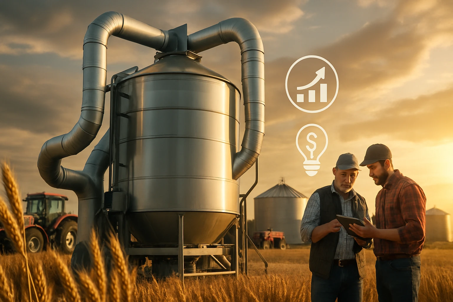 Dva muži diskutujú pri siláži na poli, v pozadí traktor a obilie.