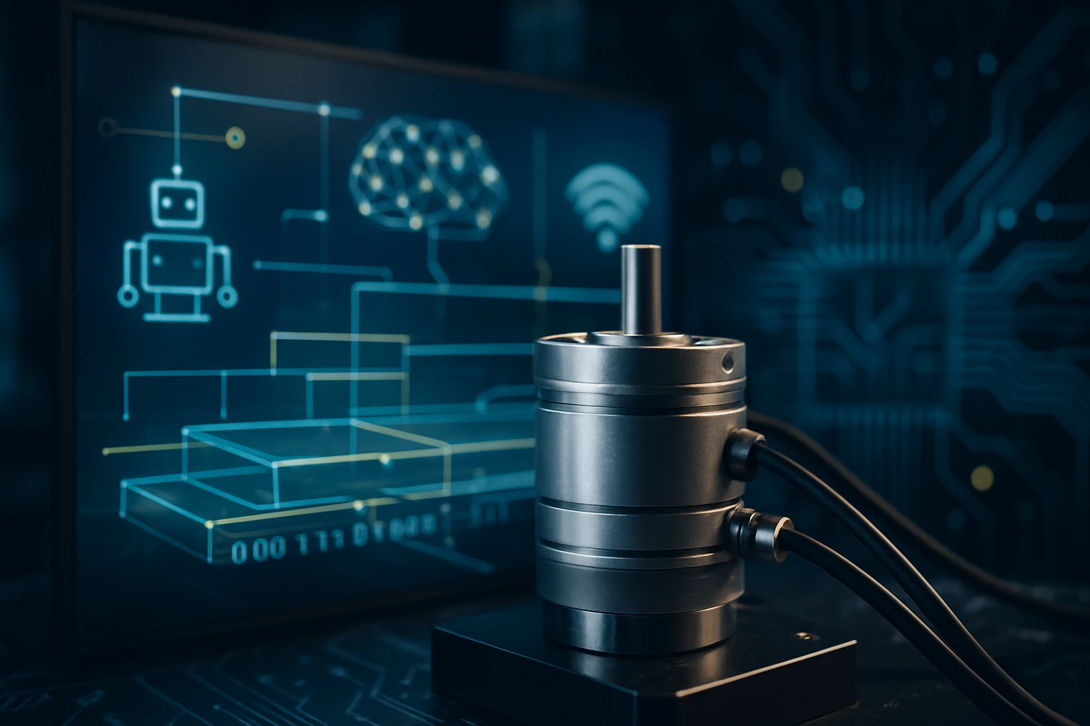 Na obrázku je kovový motor s káblami a digitálny displej s grafmi a symbolmi AI.