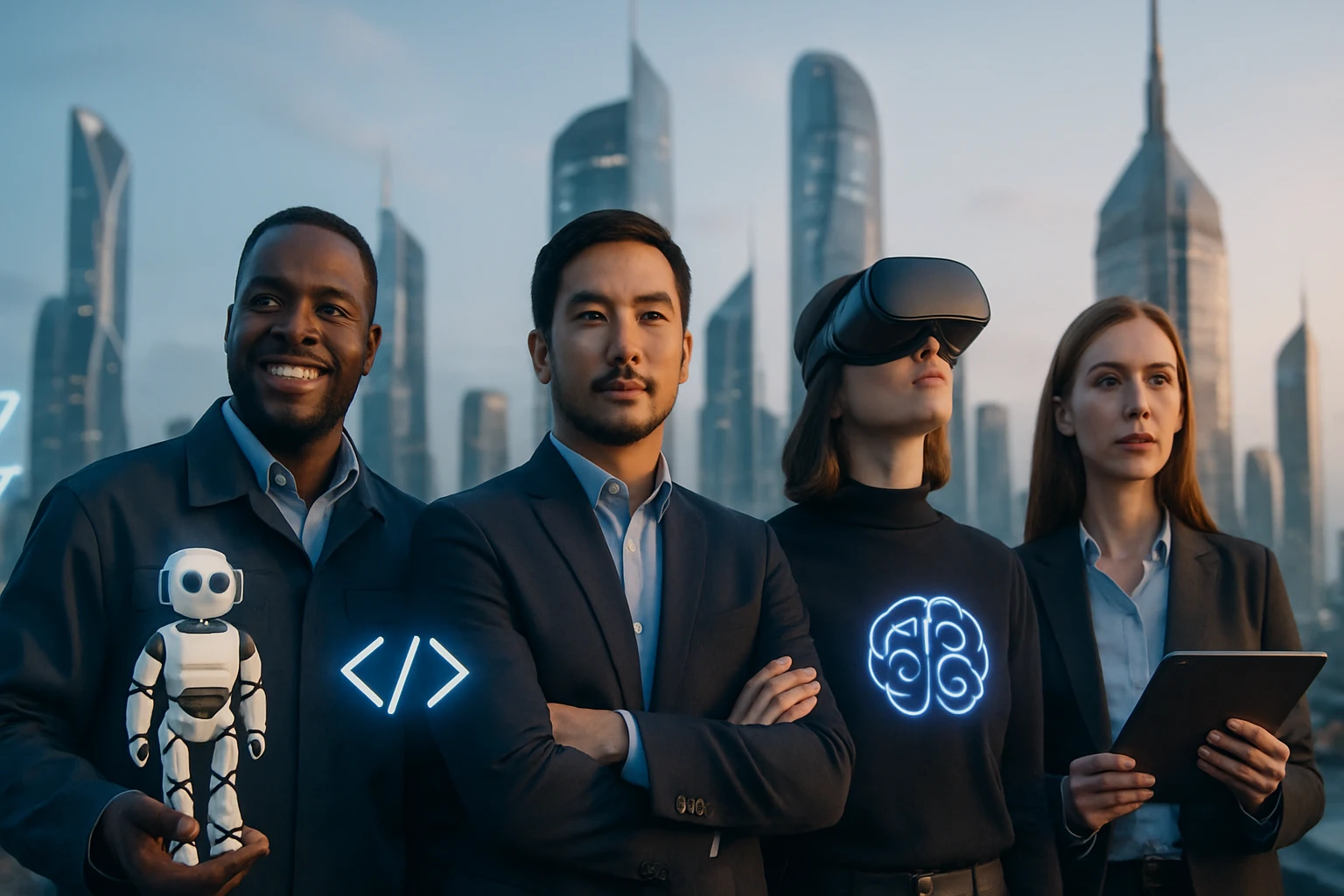 Skupina profesionálov v modernom prostredí, zameraní na technológie a inovácie.