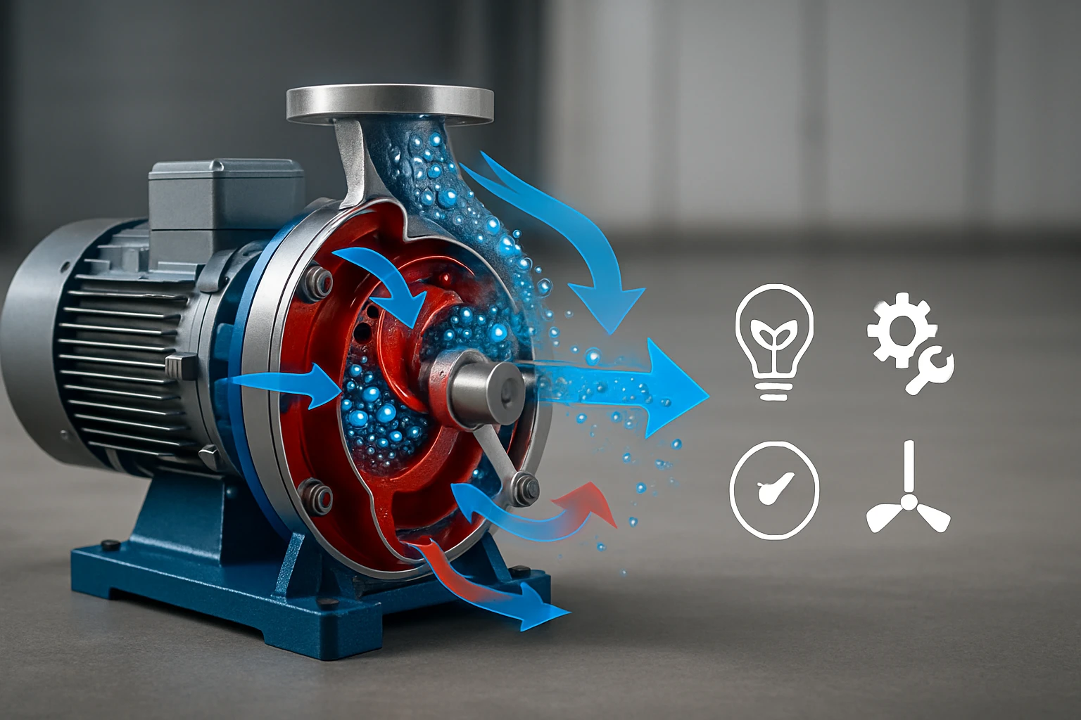 Moderný čerpadlo s motorom, znázorňujúce prúdenie kvapaliny a energetické symboly.