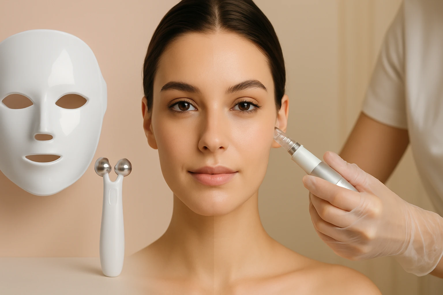 Žena s hladkou pleťou, na ktorej sa vykonáva ošetrenie pomocou prístroja.