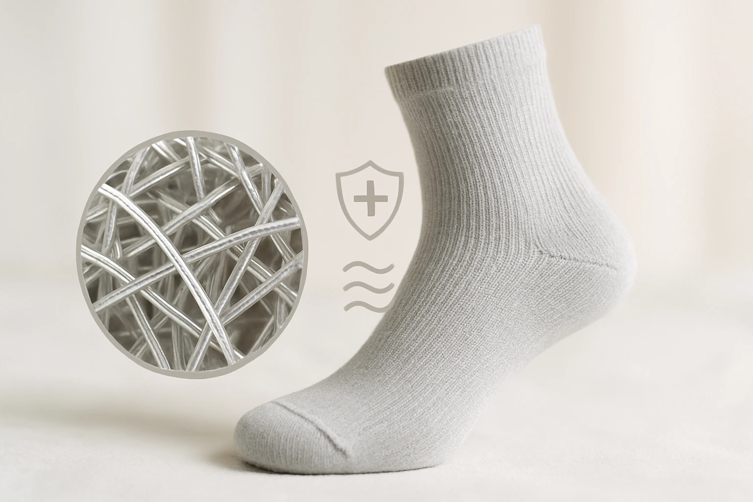 Svetlosivé ponožky s jemným vzorom a ochrannými symbolmi.