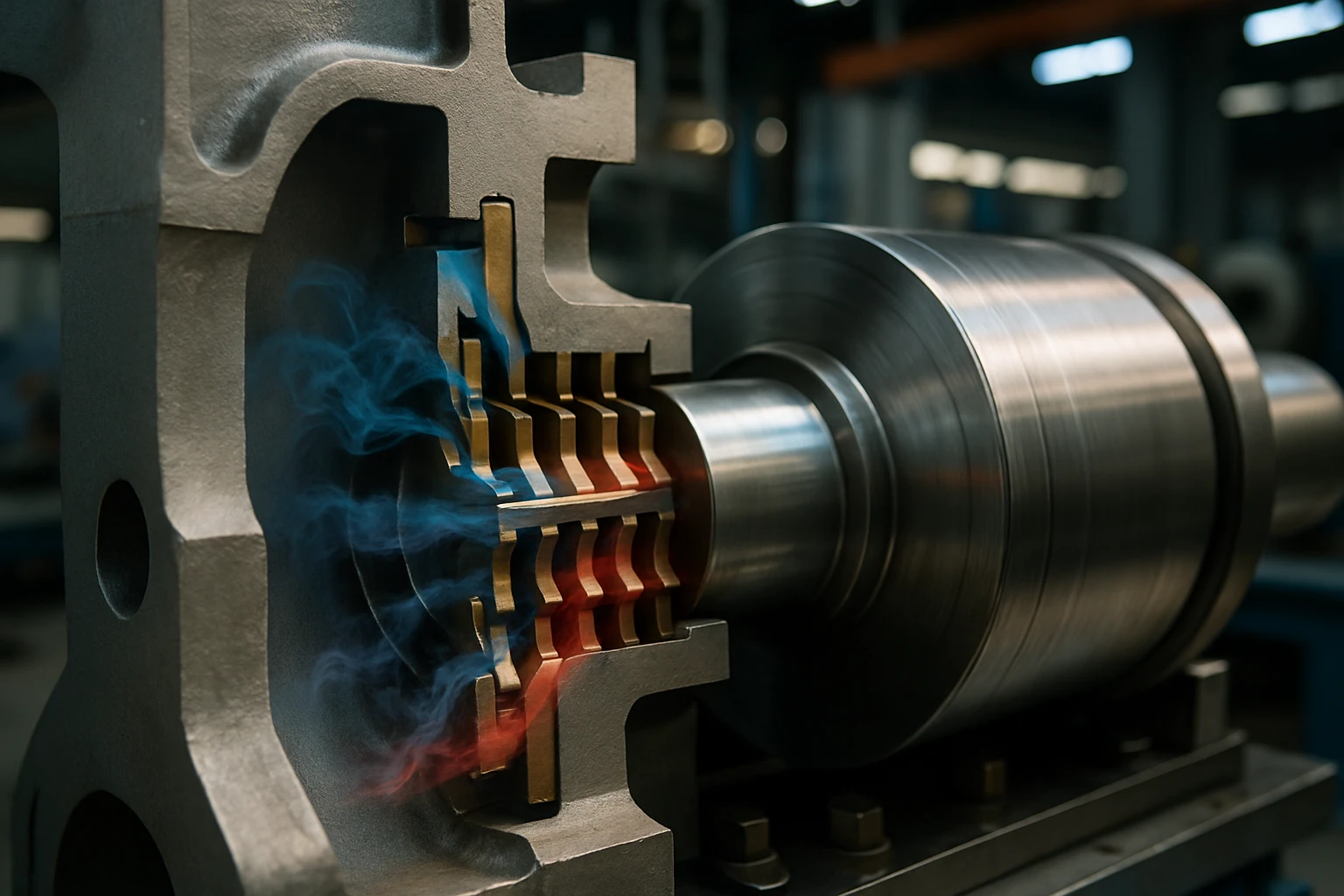 Detailný pohľad na motorový komponent s farebnými dymovými efektmi.