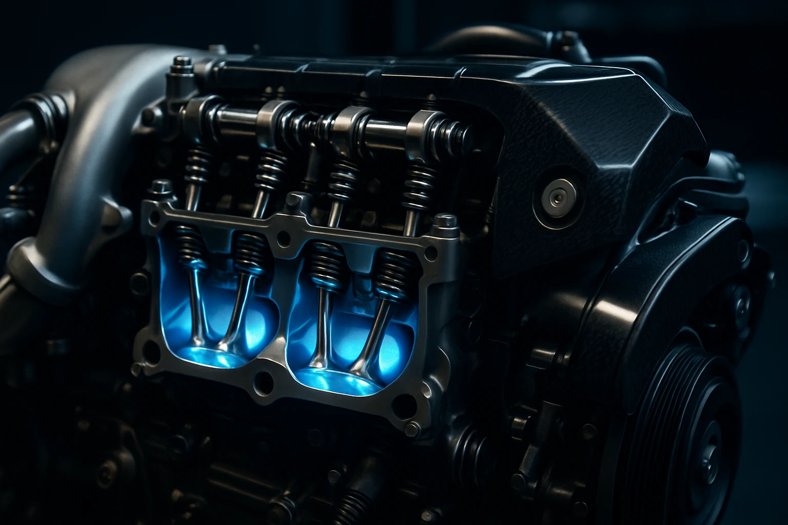 Detailný pohľad na motor s modrým osvetlením a kovovými komponentmi.
