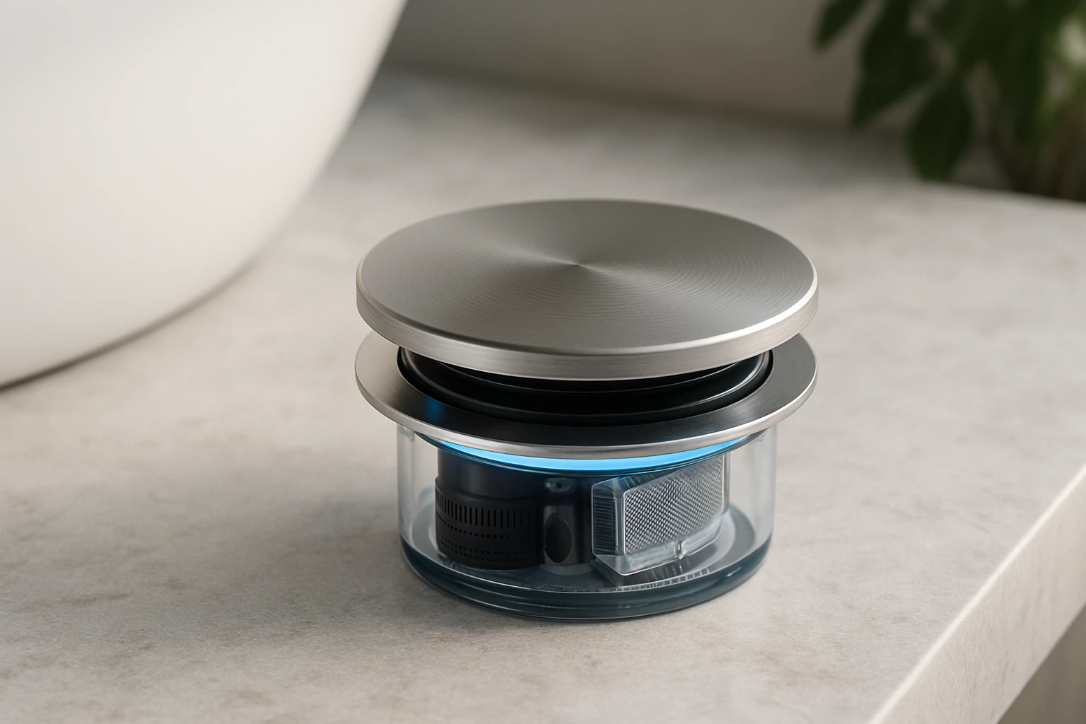 Moderný dizajnový predmet s kovovým vrchným krytom a priehľadným telom.